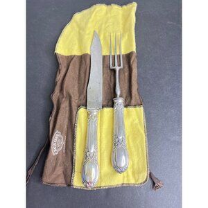 Skullyers Sterling Silver Knife & Fork Carving Set & Storage Pouch Antique
